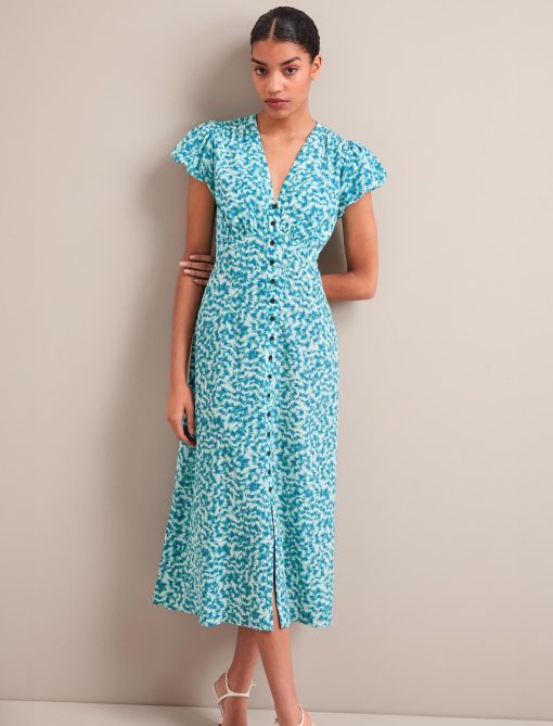 Leila Silk Maxi Dress - Blue Green Feather Print：圖片 5