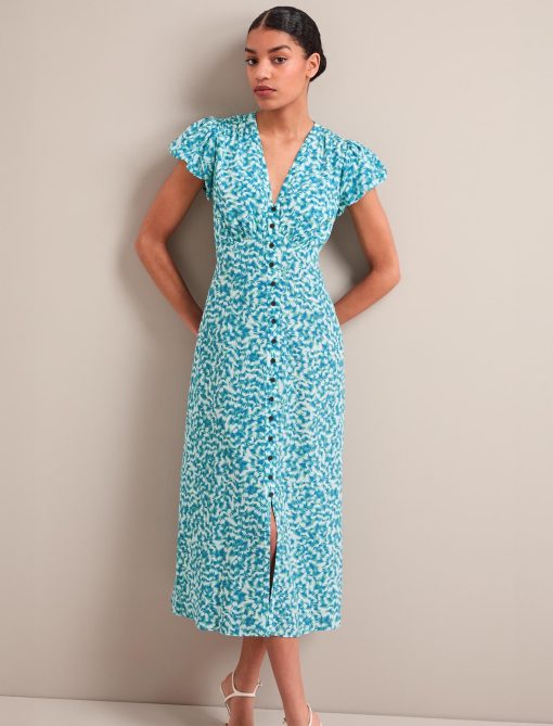 Leila Silk Maxi Dress - Blue Green Feather Print：圖片 10
