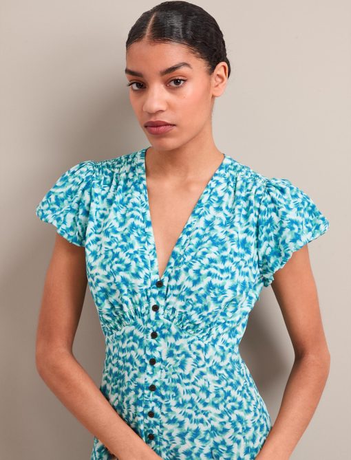 Leila Silk Maxi Dress - Blue Green Feather Print：圖片 6