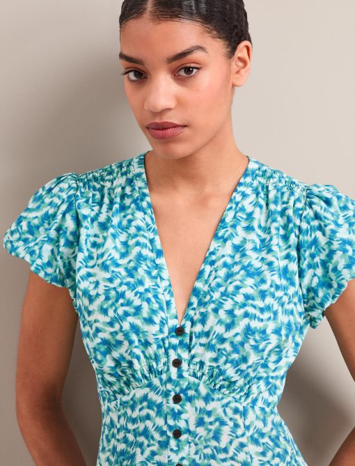 Leila Silk Maxi Dress - Blue Green Feather Print：圖片 2