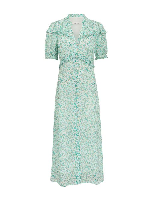 Viola Gold Metallic Fil Coupé Midi Dress - Green Yellow Trailing Feather Print：圖片 13