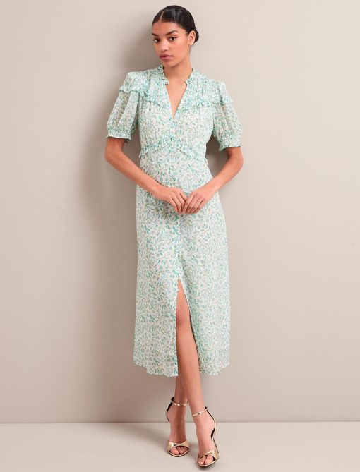 Viola Gold Metallic Fil Coupé Midi Dress - Green Yellow Trailing Feather Print：圖片 4