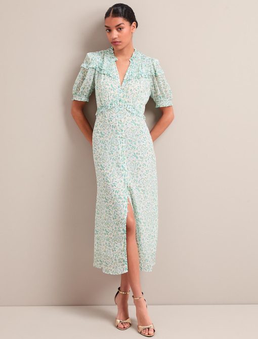 Viola Gold Metallic Fil Coupé Midi Dress - Green Yellow Trailing Feather Print：圖片 6