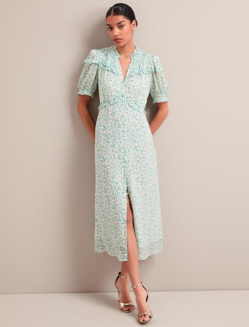 Viola Gold Metallic Fil Coupé Midi Dress - Green Yellow Trailing Feather Print：圖片 8