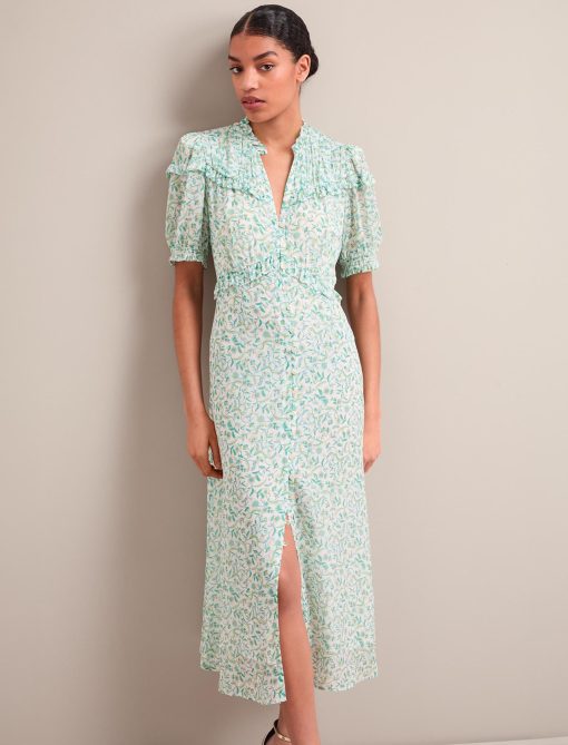 Viola Gold Metallic Fil Coupé Midi Dress - Green Yellow Trailing Feather Print：圖片 9