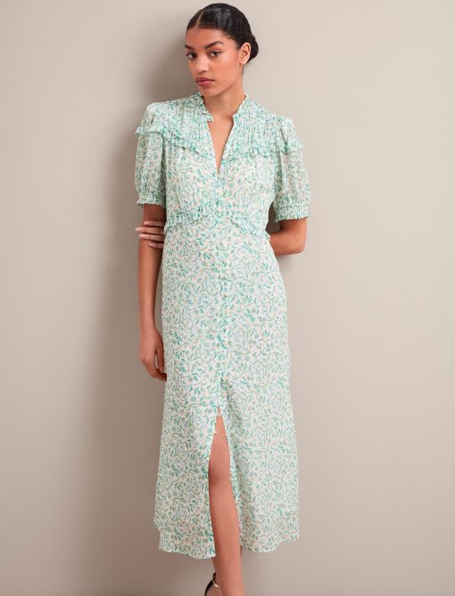 Viola Gold Metallic Fil Coupé Midi Dress - Green Yellow Trailing Feather Print：圖片 10