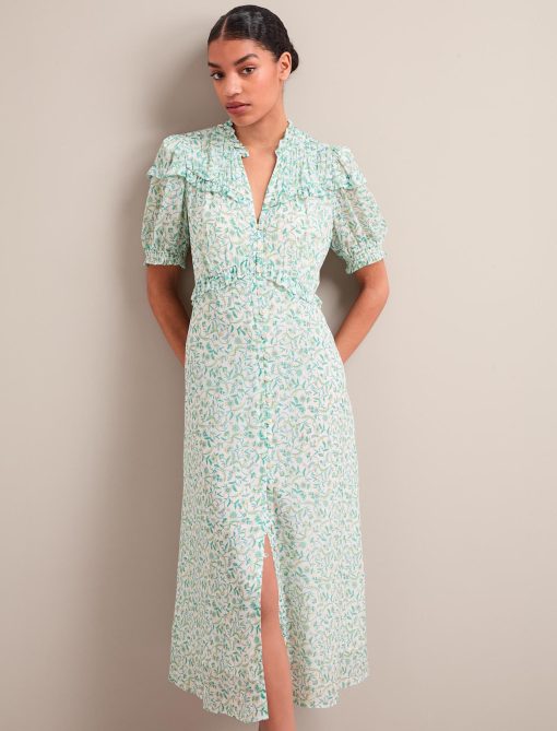 Viola Gold Metallic Fil Coupé Midi Dress - Green Yellow Trailing Feather Print：圖片 11