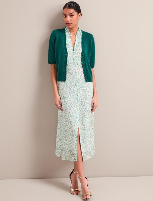 Viola Gold Metallic Fil Coupé Midi Dress - Green Yellow Trailing Feather Print：圖片 7
