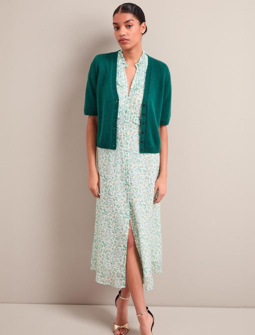 Viola Gold Metallic Fil Coupé Midi Dress - Green Yellow Trailing Feather Print：圖片 3