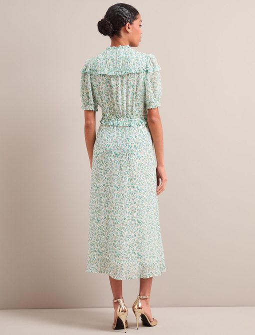 Viola Gold Metallic Fil Coupé Midi Dress - Green Yellow Trailing Feather Print：圖片 12