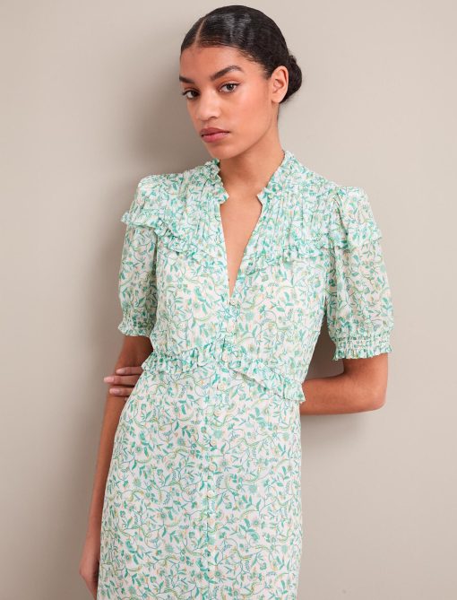 Viola Gold Metallic Fil Coupé Midi Dress - Green Yellow Trailing Feather Print：圖片 5