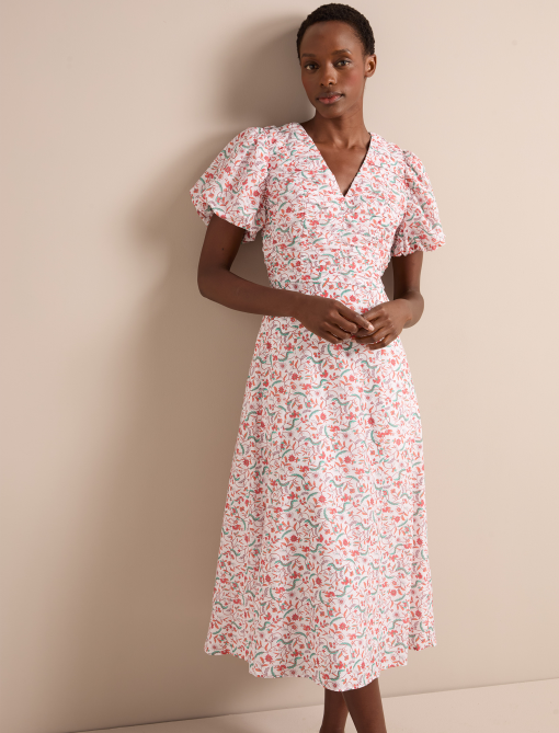 Elisa Silk Blend Midi Dress - Red Trailing Feather Print：圖片 8