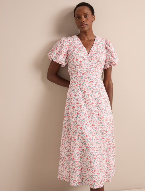 Elisa Silk Blend Midi Dress - Red Trailing Feather Print：圖片 3