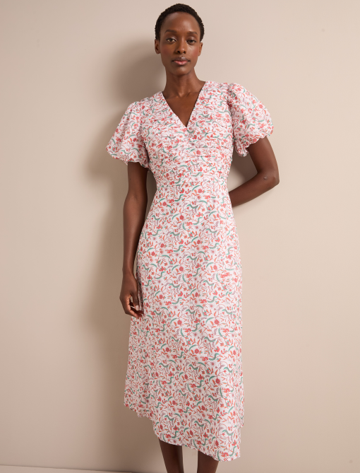 Elisa Silk Blend Midi Dress - Red Trailing Feather Print：圖片 5