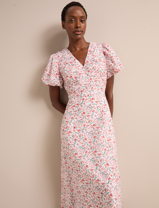 Elisa Silk Blend Midi Dress - Red Trailing Feather Print：圖片 6
