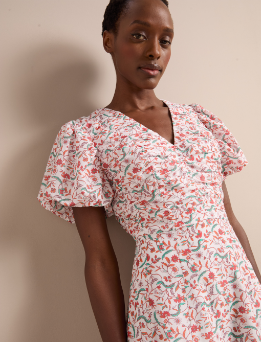 Elisa Silk Blend Midi Dress - Red Trailing Feather Print：圖片 7