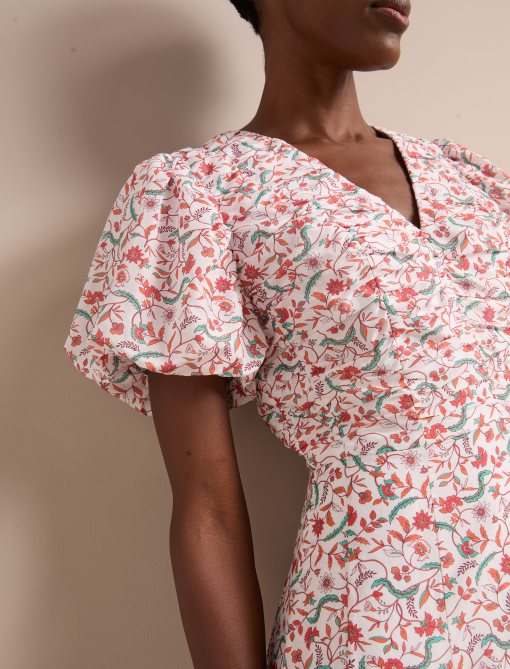 Elisa Silk Blend Midi Dress - Red Trailing Feather Print：圖片 2