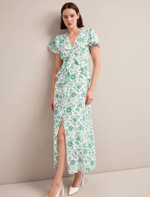 Vivienne Cotton Blend Maxi Dress - Green Palm Floral Print：圖片 4