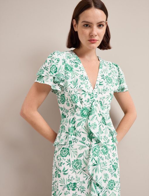 Vivienne Cotton Blend Maxi Dress - Green Palm Floral Print：圖片 5