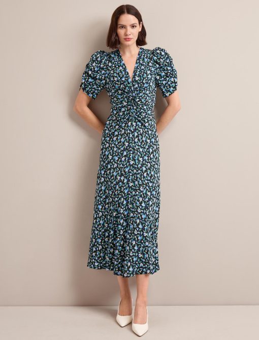 Ophelia Bias Cut Maxi Dress - Black Blue Deco Floral Print：圖片 2