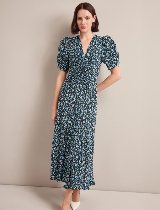 Ophelia Bias Cut Maxi Dress - Black Blue Deco Floral Print：圖片 7