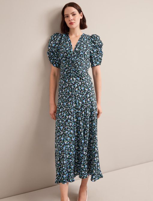 Ophelia Bias Cut Maxi Dress - Black Blue Deco Floral Print：圖片 4