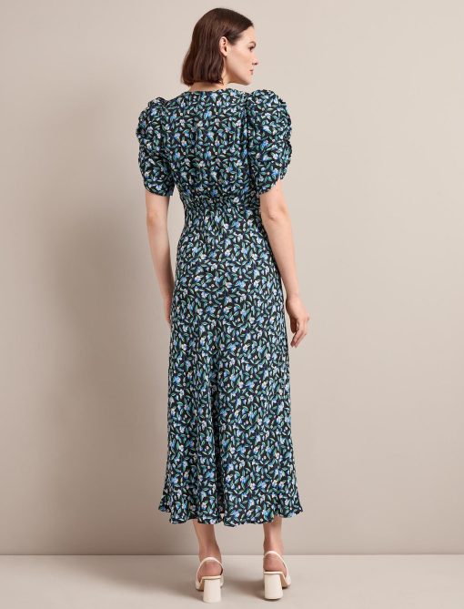 Ophelia Bias Cut Maxi Dress - Black Blue Deco Floral Print：圖片 8