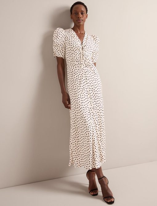 Ophelia Bias Cut Maxi Dress - Ecru Black Polka Dot Print：圖片 7