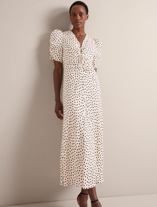 Ophelia Bias Cut Maxi Dress - Ecru Black Polka Dot Print：圖片 5