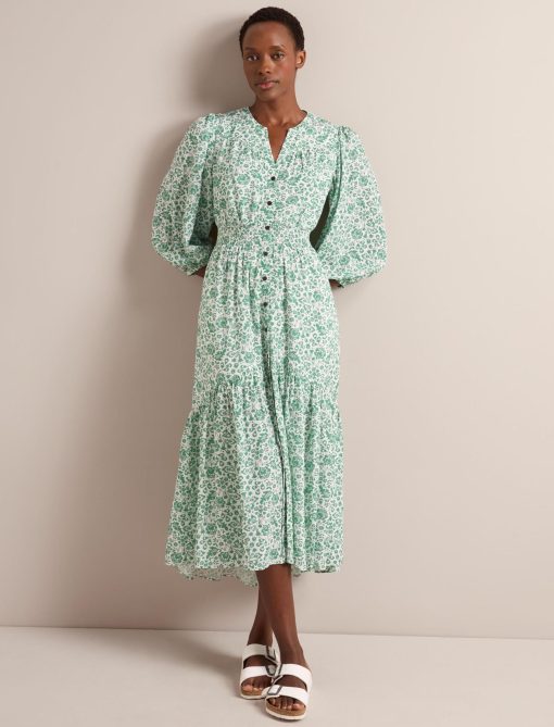 Aspen Cotton Blend Maxi Dress - Green Mono Floral Print：圖片 4