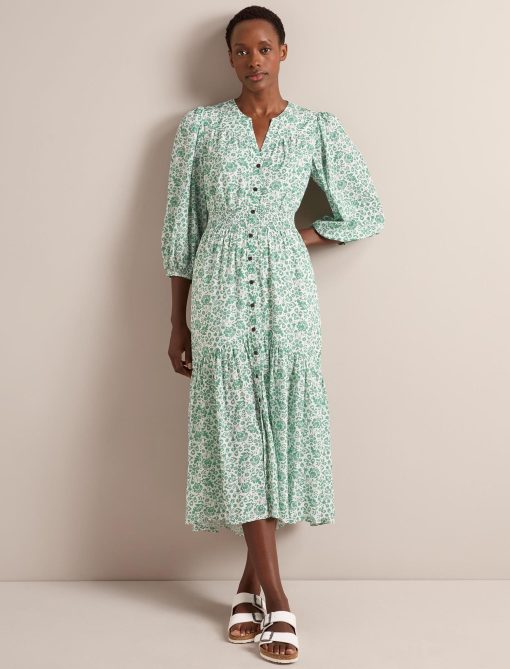 Aspen Cotton Blend Maxi Dress - Green Mono Floral Print：圖片 3
