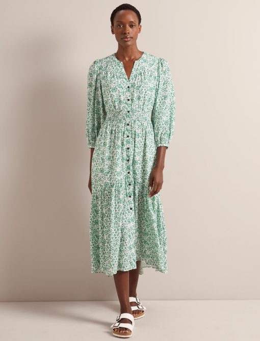 Aspen Cotton Blend Maxi Dress - Green Mono Floral Print：圖片 2