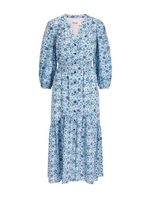 Aspen Cotton Blend Maxi Dress - White Blue Ditsy Carnation Print：圖片 14