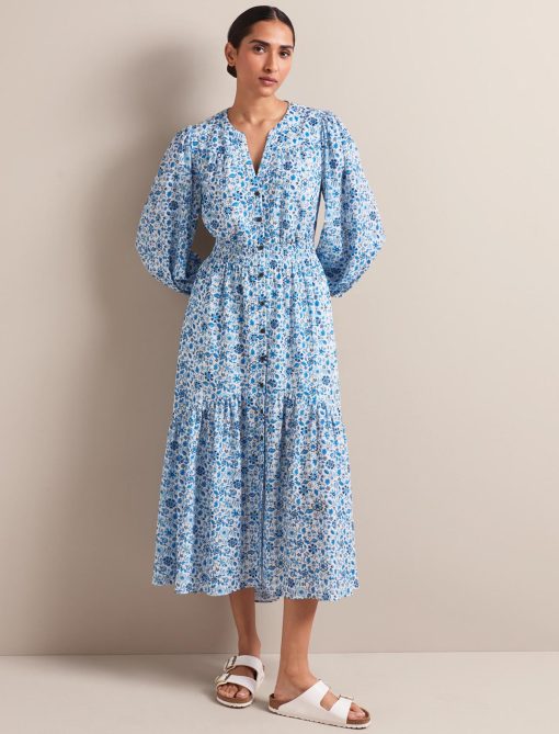 Aspen Cotton Blend Maxi Dress - White Blue Ditsy Carnation Print：圖片 6