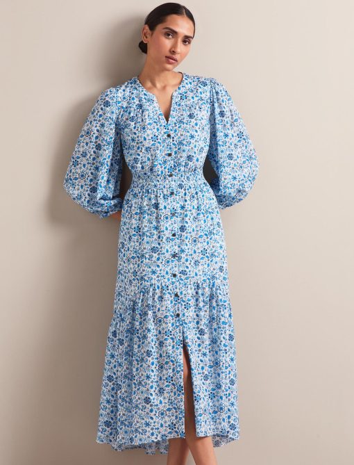 Aspen Cotton Blend Maxi Dress - White Blue Ditsy Carnation Print：圖片 9