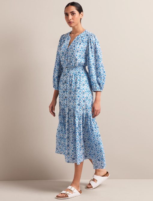 Aspen Cotton Blend Maxi Dress - White Blue Ditsy Carnation Print：圖片 4