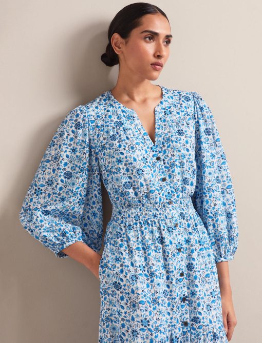 Aspen Cotton Blend Maxi Dress - White Blue Ditsy Carnation Print：圖片 2