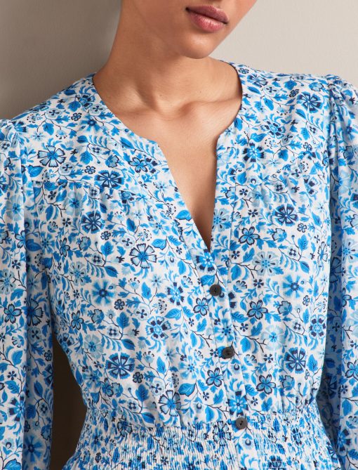 Aspen Cotton Blend Maxi Dress - White Blue Ditsy Carnation Print：圖片 3