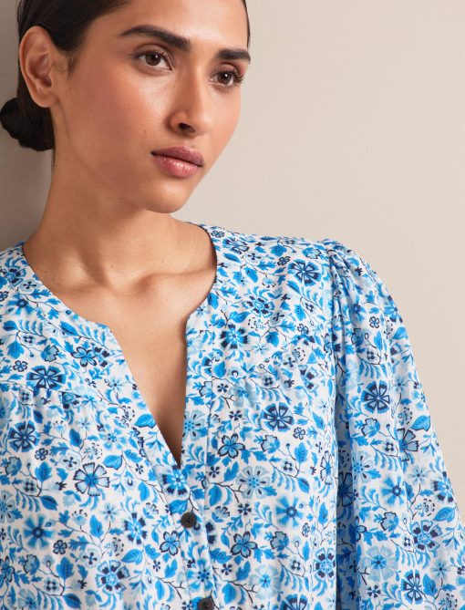 Aspen Cotton Blend Maxi Dress - White Blue Ditsy Carnation Print：圖片 5
