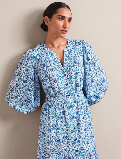 Aspen Cotton Blend Maxi Dress - White Blue Ditsy Carnation Print：圖片 7