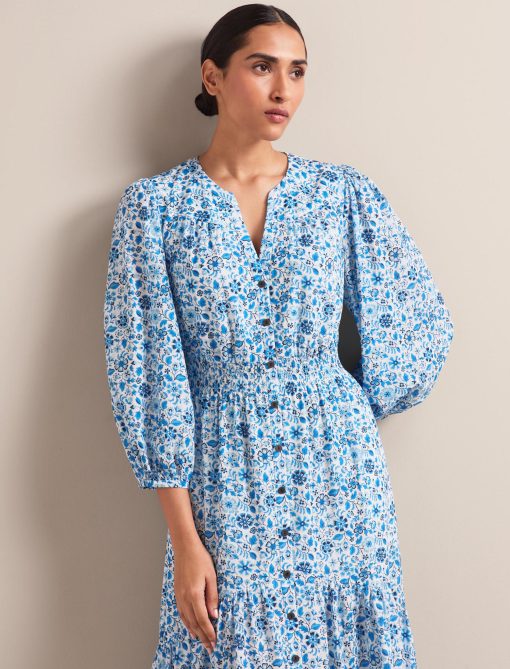 Aspen Cotton Blend Maxi Dress - White Blue Ditsy Carnation Print：圖片 10