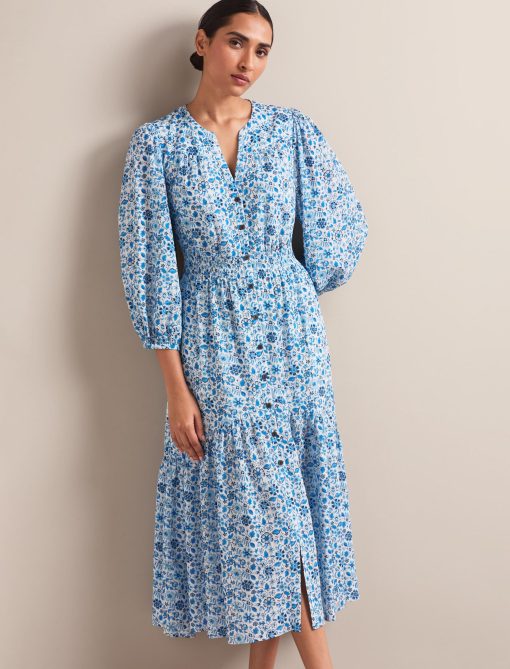 Aspen Cotton Blend Maxi Dress - White Blue Ditsy Carnation Print：圖片 11