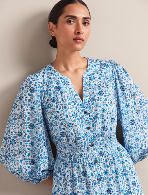 Aspen Cotton Blend Maxi Dress - White Blue Ditsy Carnation Print：圖片 12