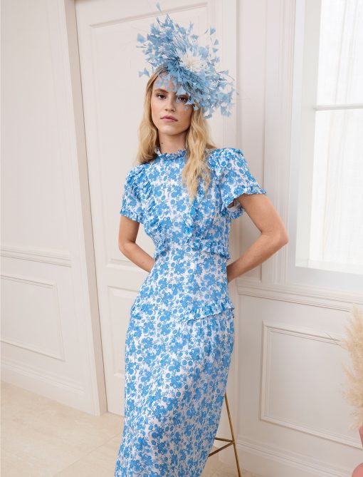 Mirabel Gold Metallic Fil Coupé Maxi Dress - White Blue Paisley Print：圖片 3